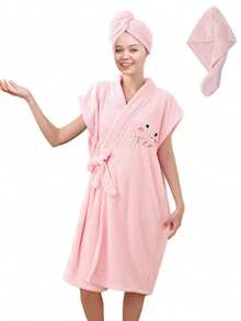 Embroidered Cartoon Short Sleeve SPA Bathrobe With Waist Tie, Adjustable Thick Soft Absorbent Bath Towel And Hair Drying Cap, Suitable For Home, Travel, Sauna, SPA - Multicolor - View 14