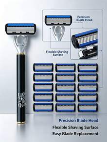 Romantic Letter Print Men Shaving Razor Set,1 Razor Holder & 18 Refill Cartridges,6 Layer Sharp Stainless Steel Blades,Portable Manual Shaver For Daily Facial Beard Shaving Male Grooming Kit - A - View 3