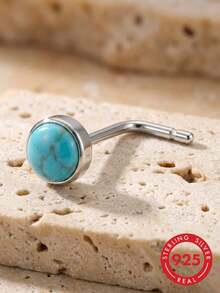 lunastudio 1pc Elegant 925 Sterling Silver Turquoise Clawless Nose Stud, Suitable For Women's Daily Wear - Silver - View 3