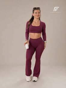 Plain Zero-Transparency Polyamide Flare Long Sleeve Fitness Gym Set - Burdeos - Ver 2