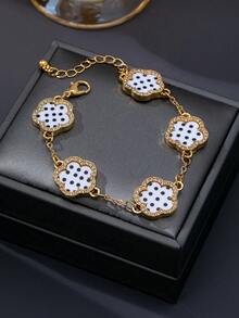 3pcs/1pc Fashion Black White Red Polka Dot Pattern Zinc Alloy & Acrylic Material Lucky Five-Leaf Clover Bracelet For Women, Suitable For Daily Wear - Multicolor - View 7
