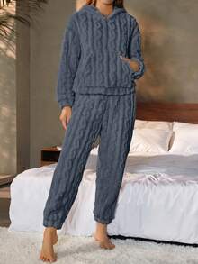 Nina Bonheur 2pcs Women's Thick Double-Sided Fleece Hooded Loose Top + Comfortable Long Pants Loungewear Set - Dusty Blue - View 6