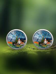 1 Pair Artistic Vintage Style Starry Night Town Pattern With 316 Stainless Steel Round Stud Earrings Suitable For Women's Daily Wear - Green - View 2