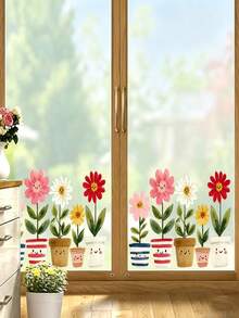 1pc Small Potted Plant Static Cling Window Sticker, Waterproof PVC Static Adhesion Glass, Green Plants & Flowers And Pots Double-Sided Print, Suitable For Coffee Shop Windows, Balcony Glass, Study Room Window Decoration, Bay Window Glass Beautification, Home Decor, Home Accessories, Back To School, Halloween, Christmas Gift Best Choice - Multiple Styles - View 2