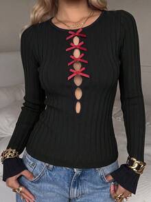 Niche Slimming Knit Sweater Top For Women, Autumn Bowknot Hollow Cross-Over Slimming Sweater - Black - View 6