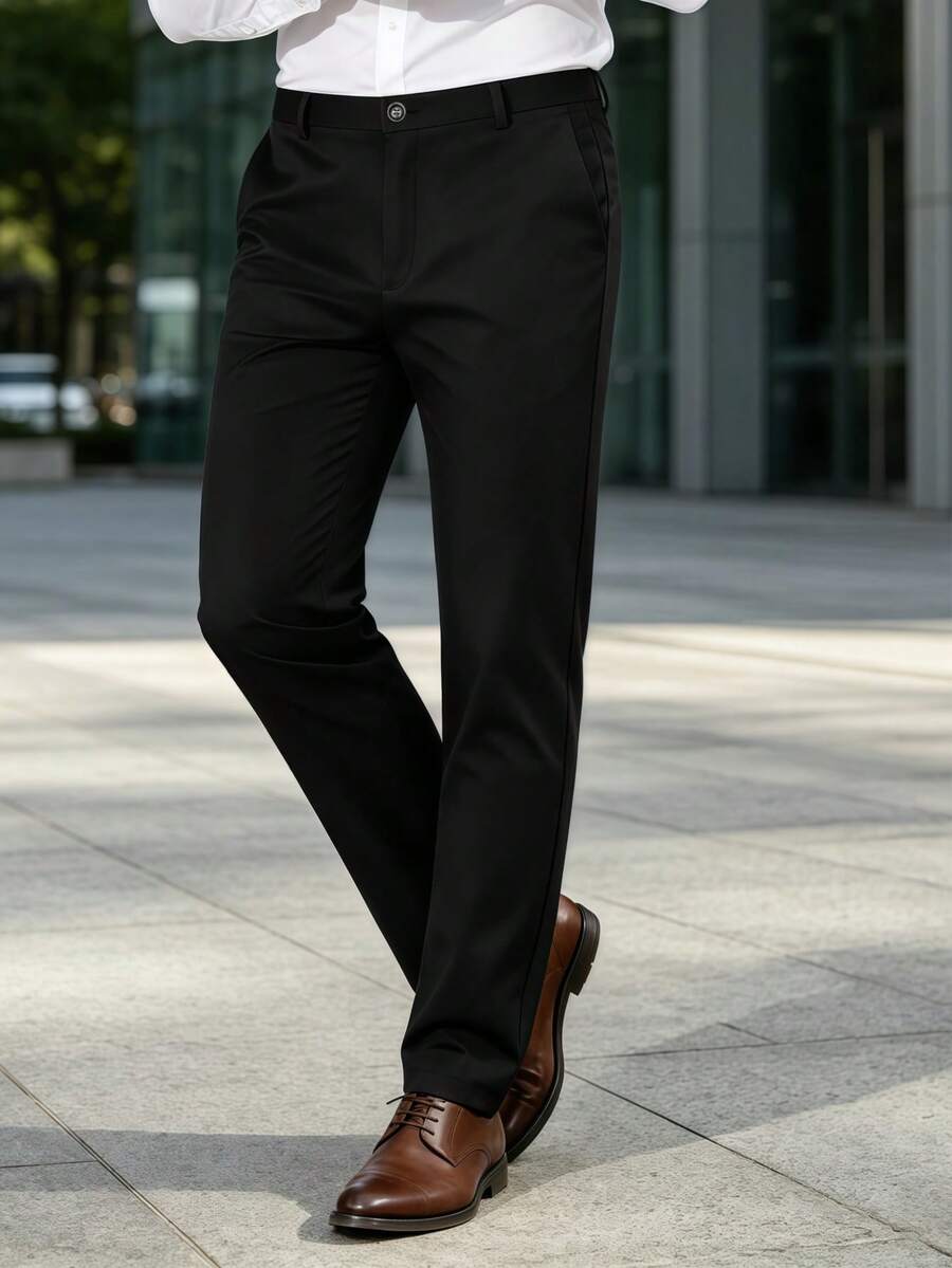 Herren Anzughose mit schräger Tasche, gürtellose Formelle Hose, geeignet für leichte Businesskleidung, Lässig- und Businessanlässe. Geschenk für Freund/Ehemann - Schwarz - Übersicht 1