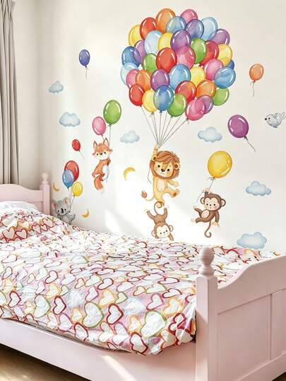 Nursery Wall Decals, Balloon Animal Bear Rainbow Critter Stickers, Home Decor, Toddler Bedroom Supplies, Cute Unisex Boy Girl Baby Room Wall Art