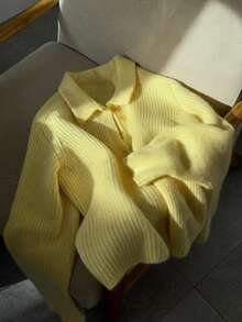 EAVA Autumn Winter Pastel Yellow Sweater Lapel Neck Button Front Knitwear Ribbed Cardigan Coat Slouchy Quiet Luxury Casual Pullover - Yellow - View 6