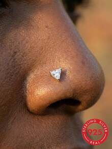 lunastudio 1pc Elegant 925 Sterling Silver L-Shaped Pyramid Nose Stud Suitable For Women's Daily Wear - Silver - View 1