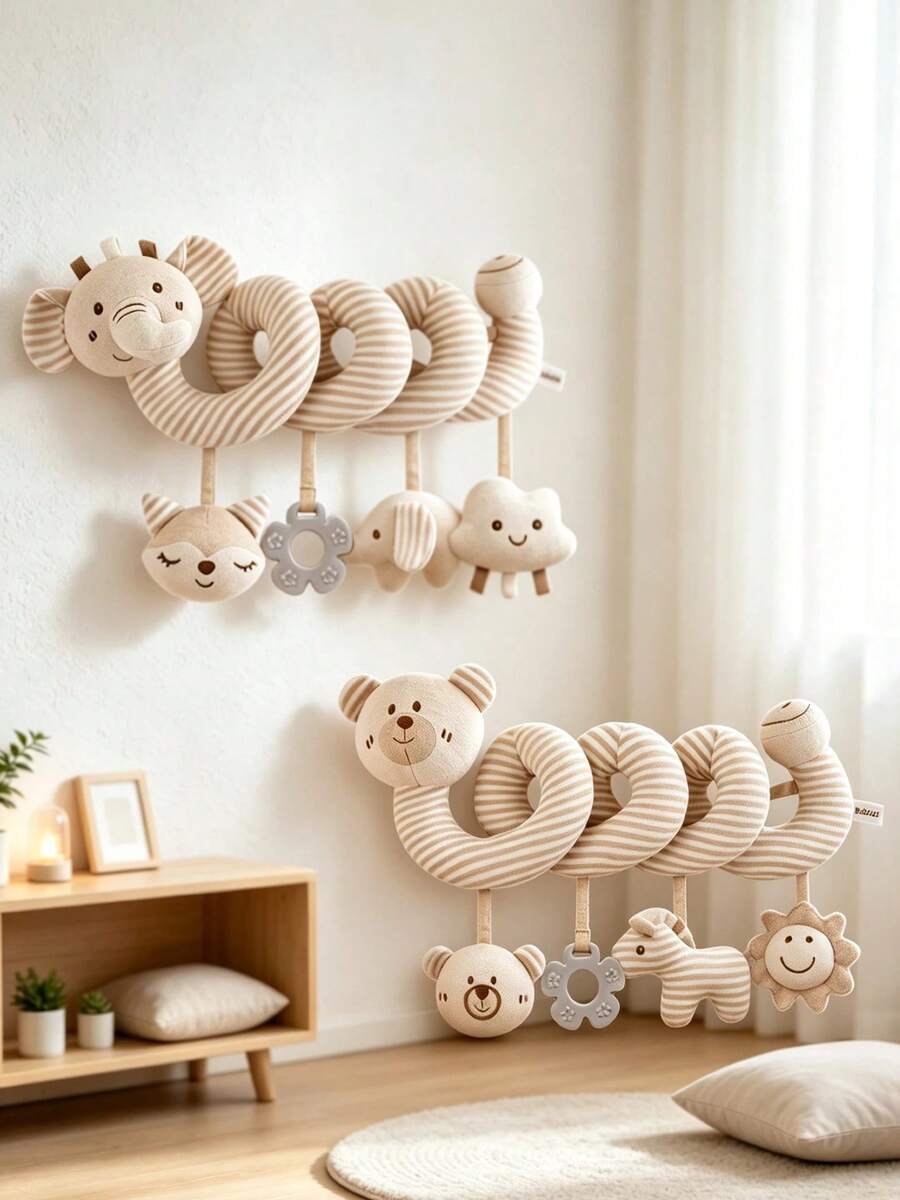 1pc Baby Stroller Spiral Hanging Doll, Built-In Rattle And Squeaker, 3D Cartoon Animal Design Plush Soothing Doll For Stroller, Suitable For Newborn Baby Gift - Multicolor - View 1