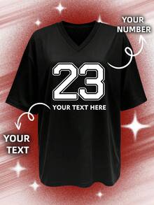 Custom Oversized V Neck Tee With Varsity Graphic, Personalized Gift T-Shirt. Customize Your Unique Lucky Number & Custom Text, Add Exclusive Words - Black - View 2