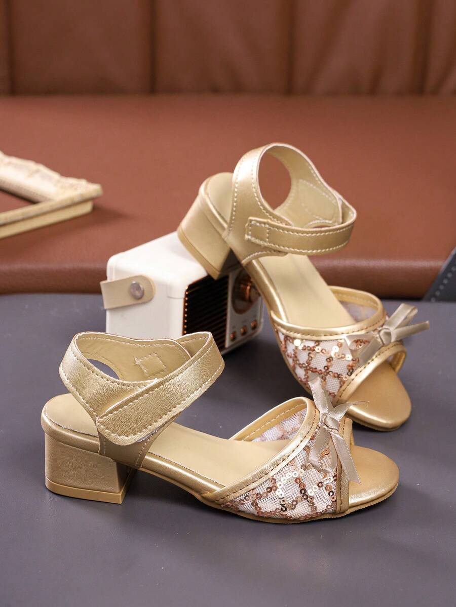 1 Pair Gold Mesh Sequin Chunky Heel Sandals, Suitable For European And American Young Girls, Elegant High Heel Sandals, Perfect For Summer Daily Outings