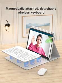 平板電腦旋轉鍵盤保護殼，相容 iPad + 滑鼠，PU 皮革材質，相容 A16 11 吋 11 代 2025、10 代 2022，適用 iPad 7代/8代/9代、Air 4/5/6/7/8、iPad Pro 11，含配件，便攜式無線鍵盤 (150mAh)，附筆槽，支援 360 度旋轉，灰色 - Gray Rotating Keyboard+case+mouse set - 查看 5