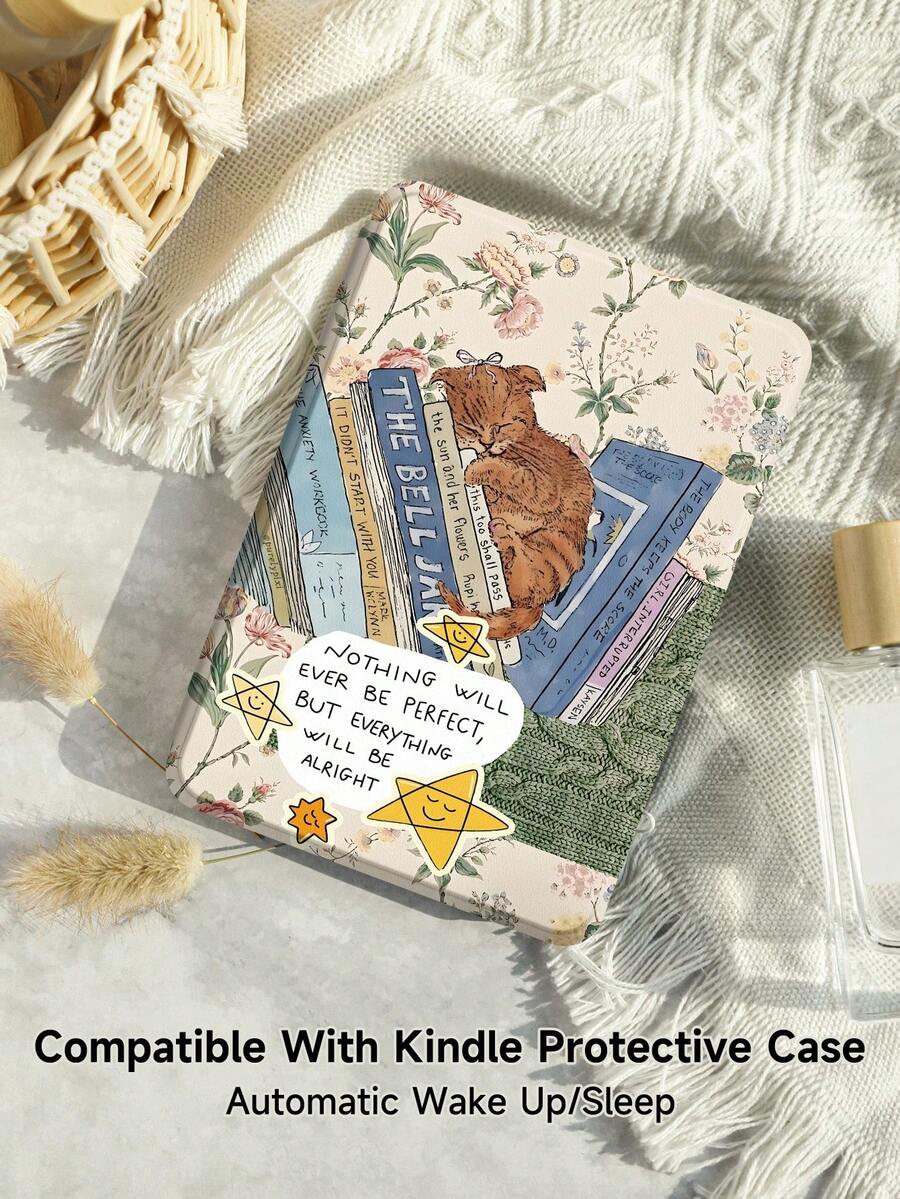 Kingsung 貓咪書本花卉圖案保護殼，相容於 Kindle 第10代 2019、Kindle 第11代 2024、Kindle Paperwhite 第12代 2024、Kindle Colorsoft Signature Edition、Clara Colour 2024 (6吋) 與 Libra Colour 2024 (7吋) 等其他機型，支援自動喚醒/睡眠，四角防摔，無需擔心掉落