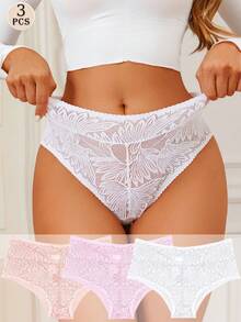 3pcs/Set Romantic Sexy Lace Women's Thongs, Comfortable Breathable Seamless Women's Underwear - Multicolor - View 1