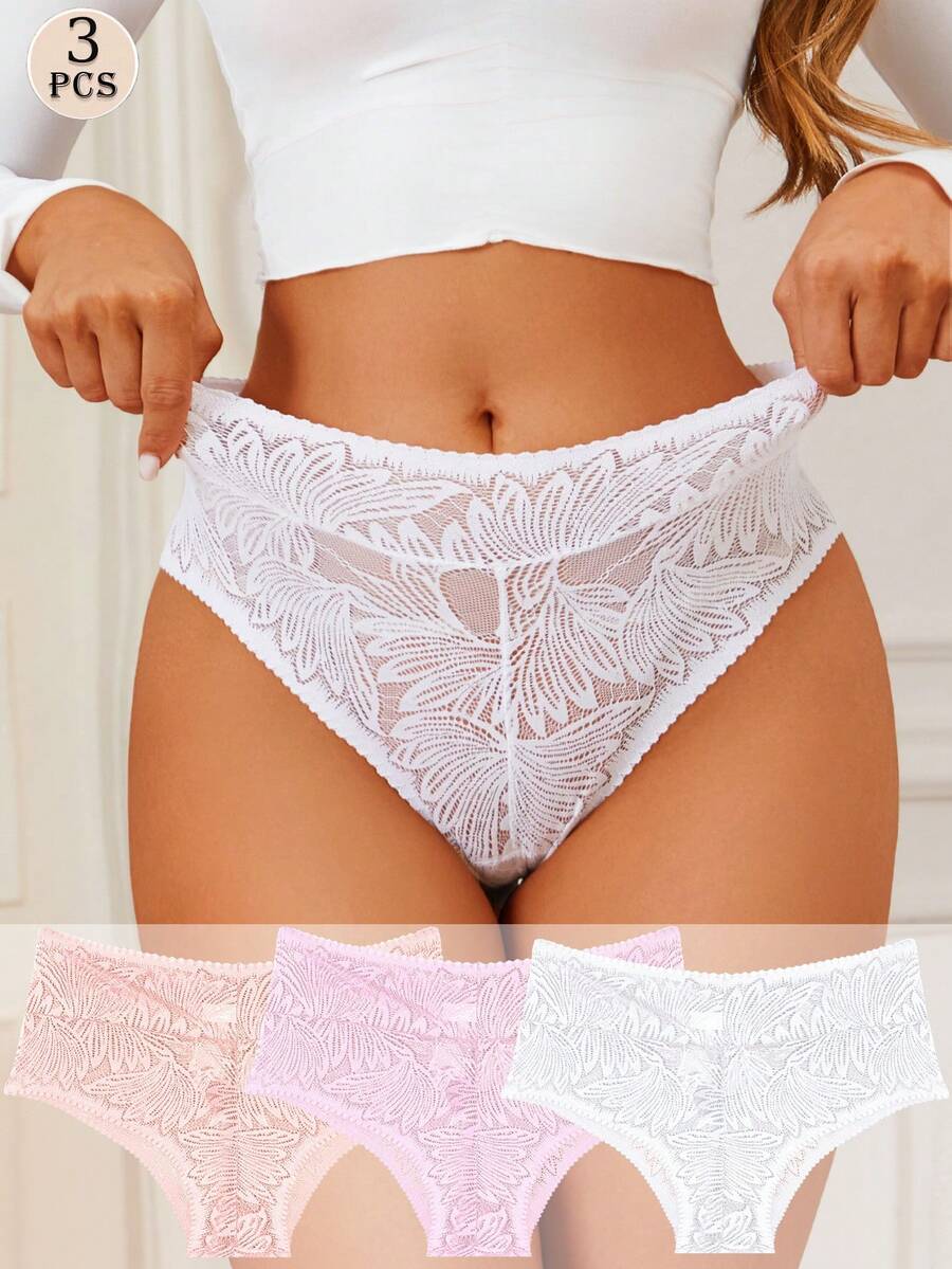 3pcs/Set Romantic Sexy Lace Women's Thongs, Comfortable Breathable Seamless Women's Underwear - Multicolor - View 1