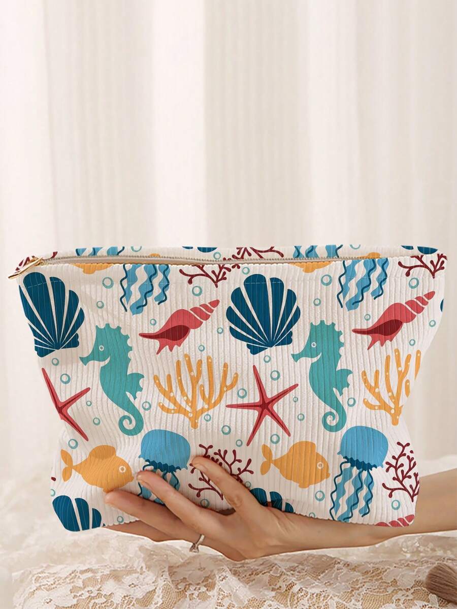 1pc Portable Cosmetic Storage Bag Ocean Series Shell & Starfish Pattern Double-Sided Printed Travel Zipper Makeup Pouch Multi-Function Toiletry Organizer - Multicolor - View 1