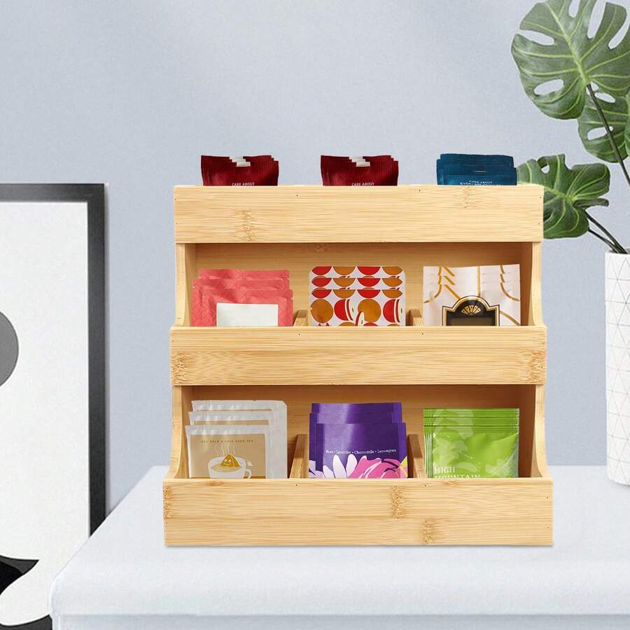 Organizer per bustine di tè in bambù a 3 piani, con 9 scomparti di diverse dimensioni, scatola da tavolo a forma di trapezio per caffè, zucchero e spezie - Colore legno - Visualizzare 1