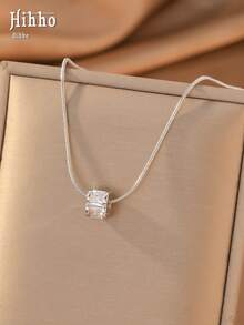 Hihho 1pc French Style Square Zirconia Collarbone Necklace, Soft Snake Chain, Minimalist Commute & Date Exquisite Jewelry - Ladder Square - View 4