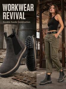 Autumn/Winter New Gray Suede Thick Sole Chelsea Ankle Boots, Slouchy Slip-On Design Height-Increasing Platform Boots, Wear-Resistant Non-Slip Rubber Sole Street Style Versatile Cylinder Boots - Grey - View 5