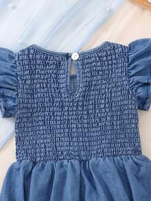 Infant Girls Denim Bubble Romper With Ruffle Sleeves, One-Piece Jumpsuit, Bow Decor, Cute Summer Outfit - Medium Wash - View 8