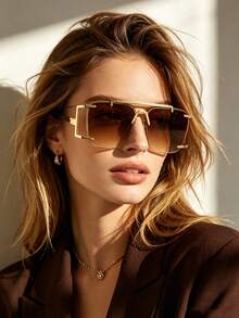 1pc New Asymmetrical Polygon Personalized Double Bridge Fashion Rimless Metal Premium Women's Glasses - Gold Frame Dark Brown Lenses - View 3