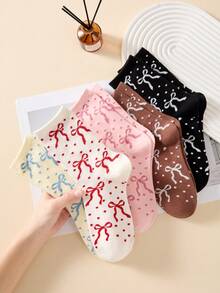 4 pares de calcetines cómodos y casuales de media pantorrilla para mujer con lazo lindo y lunares, suaves y transpirables, aptos para la escuela, uso diario, color aleatorio, adecuados para primavera, verano, otoño e invierno, todas las estaciones - Multicolor - Ver 7