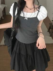 女款蝴蝶結裝飾拼接色休閒百搭日常穿搭夏季T恤 - 灰色 - 查看 6