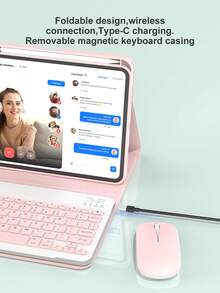 平板電腦旋轉鍵盤保護殼，相容 iPad + 滑鼠，PU 皮革，相容 A16 11 吋 11 代 2025、10 代 2022，適用於 iPad 7 代/8 代/9 代、Air 4/5/6/7/8、iPad Pro 11，含配件，便攜式無線鍵盤 (150mAh)，附筆槽，支持 360 度旋轉，粉紅色 - Pink Rotating Keyboard+case+mouse set - 查看 7