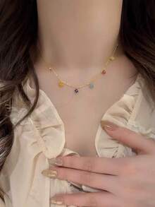 4pcs/Set Dopamine Four-Leaf Clover Colorful Necklace, Earrings, Ring Set, Four-Leaf Clover Shaped Micro-Inlaid Colorful Zirconia, Light Luxury Niche Design, Suitable For Women's Daily And Evening Wear, Perfect Gift Choice For Girlfriend/Friend/Mom On Holidays - Multicolor - View 3