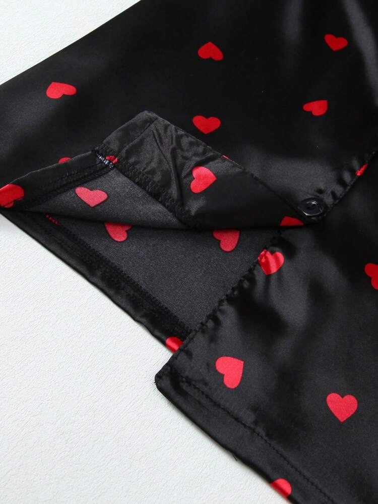 Women's Heart Print Satin Short Sleeve & Shorts Pajama Set - Black - View 8