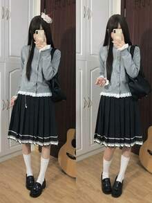 Cardigan Rajut Renda Lembut Gaya Korea yang Imut dengan Leher Bulat - Grey - View 9