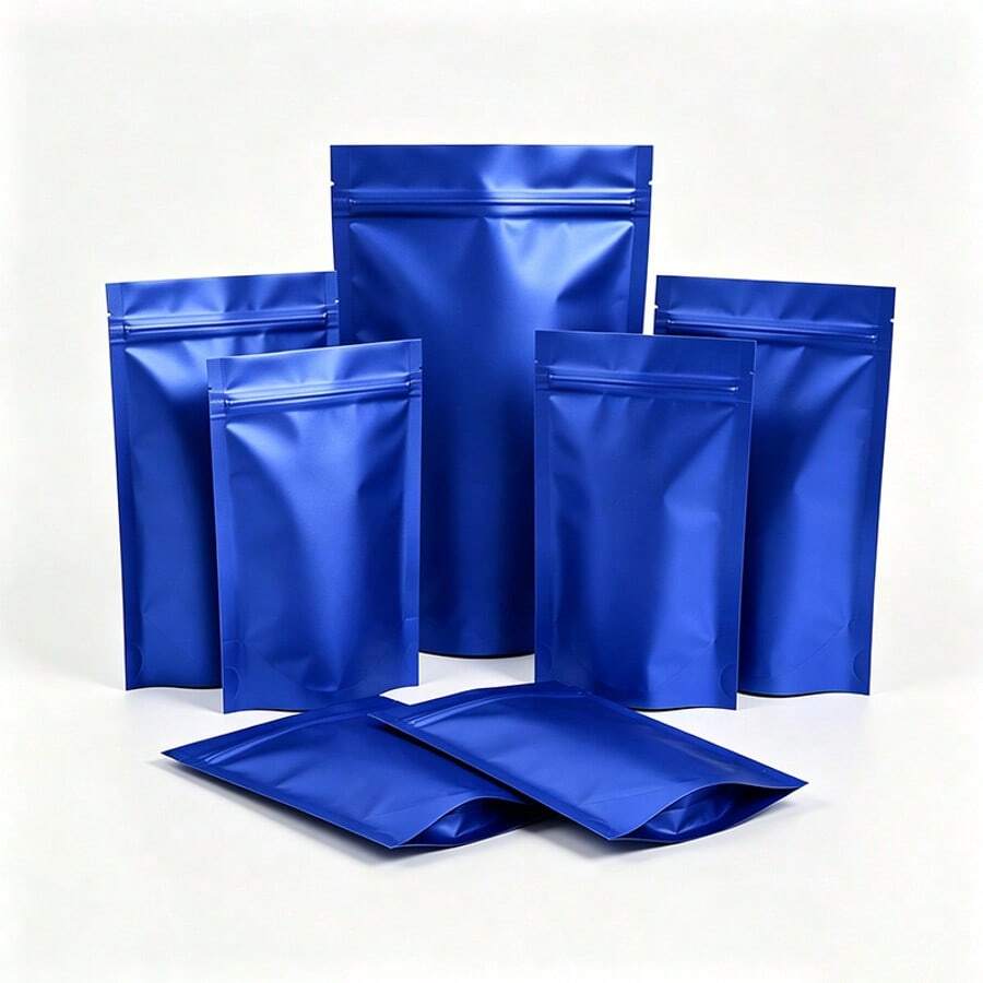 50 piezas/100 piezas Bolsas de regalo de lámina de Mylar de doble cara de 0.18 mm de grosor, negras, reutilizables y autosellantes, bolsas de embalaje con cierre de cremallera sellables para almacenamiento de alimentos a largo plazo, adecuadas para chocolate, té, café, fruta seca, polvo, caramelo, carne, decoración de regalos para fiestas festivas - Azul - Ver 1