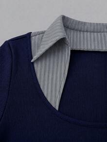Top de manga corta 2 en 1 para mujer, diseño de tela acanalada con cuello cuadrado, patchwork acanalado y botones de una sola casual - azul real - Ver 6