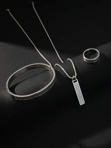 3 Piecesmen's Roman Numeral Stainless Steel Jewelry Set, Including A Roman Numeral Engraved Necklace, Bracelet, And Ring; A Minimalist Unisex Fashion - Silver - View 2