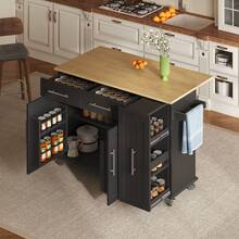 Flieks Kitchen Island With Drop Leaf, Storage Trolley With 3-Tier Pull-Out Cabinet Organizer, Internal Storage Rack, Rolling Cart With Towel Holder & 2 Drawers For Dining Room - Black - View 1
