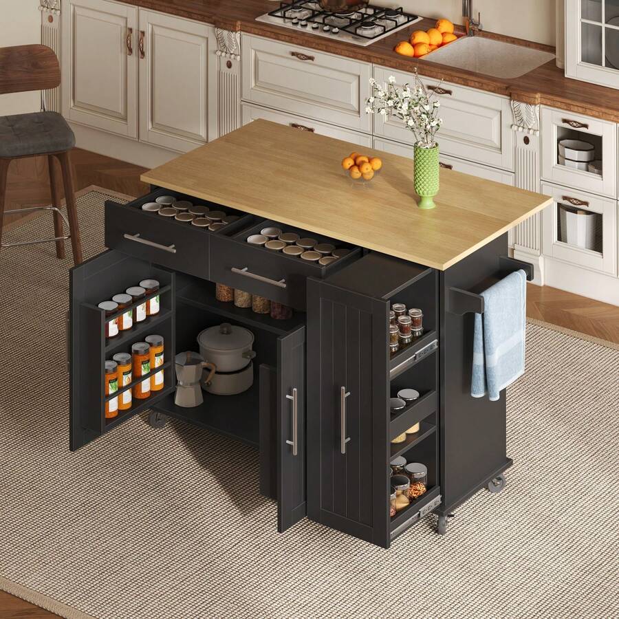 Flieks Kitchen Island With Drop Leaf, Storage Trolley With 3-Tier Pull-Out Cabinet Organizer, Internal Storage Rack, Rolling Cart With Towel Holder & 2 Drawers For Dining Room - Black - View 1