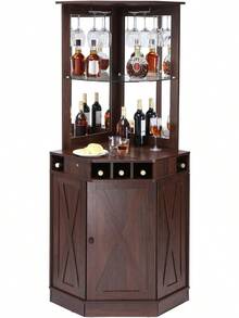 Mueble de Bar Industrial de Esquina, Mesa de Vino para licores y Copas, aparador con Porta Vasos, Armario de Bar de café de Madera Estilo Granja Independiente para Sala de Estar, (Nogal Negro) - Negro - Ver 1