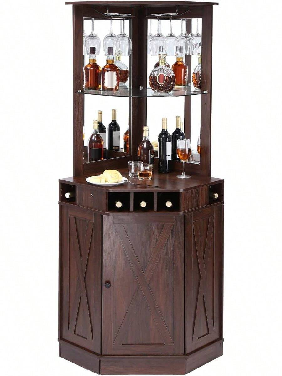Mueble de Bar Industrial de Esquina, Mesa de Vino para licores y Copas, aparador con Porta Vasos, Armario de Bar de café de Madera Estilo Granja Independiente para Sala de Estar, (Nogal Negro) - Negro - Ver 1