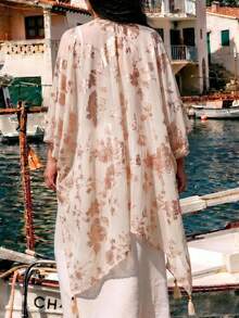 1 pieza Chal colgante de lino con estampado floral elegante y dorado, prenda exterior para mujer primavera/verano, chal decorativo para vacaciones y viajes, adecuado para combinar a diario, primera opción para regalos - Albaricoque - Ver 4