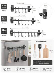 Drill-Free/Drillable Kitchen Hanging Hook Rack, Wall-Mounted Cookware Hanging Rack, Suitable For Pots, Spatulas And More, Space-Saving Kitchen Storage Organizer, Won't Damage Walls, Easy Installation, Saves Kitchen Space - Black - View 6