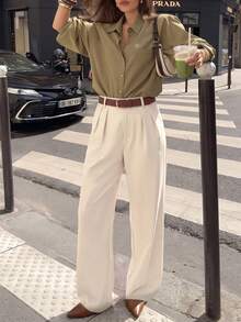 Casual Versatile Commute Solid Color Straight Leg Pants - Cream - View 7