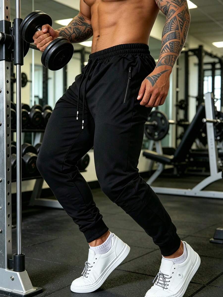 Men's Black Joggers, Casual Sports Long Pants With Zipper Pockets And Drawstring Waist, Suitable For Daily Wear - Black - View 1
