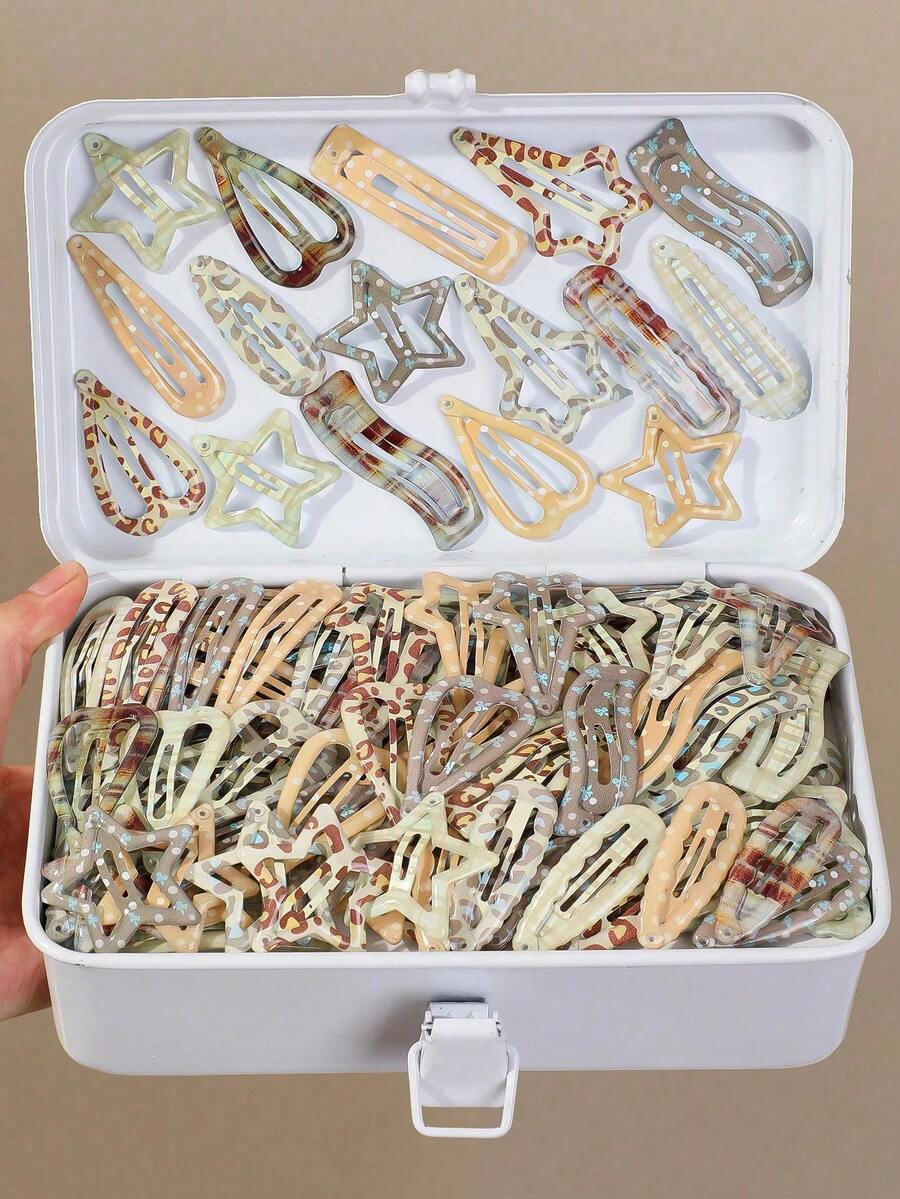 18pcs Leopard Print Star, Pentagram, Heart, Shooting Star, Water Drop Random Style Minimalist Cute Hair Clips For Girls - Multicolor - View 1