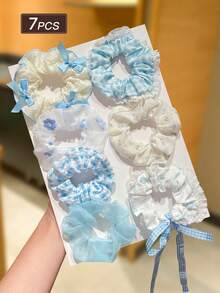 14/7pcs Women's Floral Print Lace Trim Scrunchies, Pink Hair Ties, Blue Hair Ties, Bow Ribbon Hair Ties, High Elasticity, Sweet And Cute Style, Suitable For Daily Hairstyles, Women's Hair Accessories. Perfect For Casual Wear, Shopping, Campus, Dating, Party, Travel And Vacation. Great For Photo Atmosphere. - Multicolor - View 12