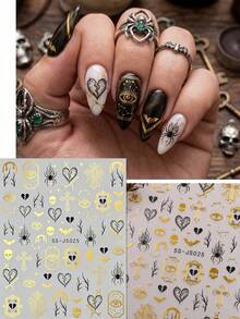 2pcs Gothic Y2K Vintage Nail Art Stickers, Halloween Day Of The Dead Dark Style Skull Spider Web Heart Nail Decoration, Nail Artist Supplies, Suitable For Party, Music Festival, Rock Style Outfit - Multicolor - View 4