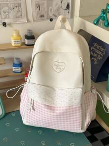 1pc Minimalist Large Capacity Small Grid Backpack School Bag Suitable For Travel, Shopping, Vacation, Checkered, College Style, Multi Pocket, Pink - Pink - View 1