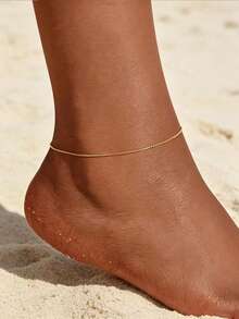 1pc Stainless Steel Gold & Silver Dual-Tone All-Match Ultra-Thin Square Box Chain Anklet, Beach Vacation Layering Versatile Adjustable - Thin Box Chain Anklet - View 1