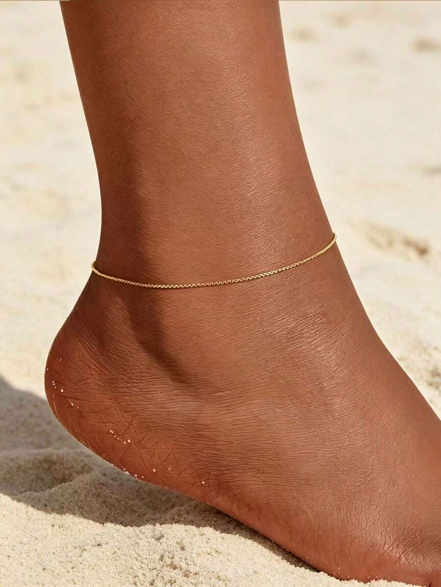 1pc Stainless Steel Gold & Silver Dual-Tone All-Match Ultra-Thin Square Box Chain Anklet, Beach Vacation Layering Versatile Adjustable - Thin Box Chain Anklet - View 1