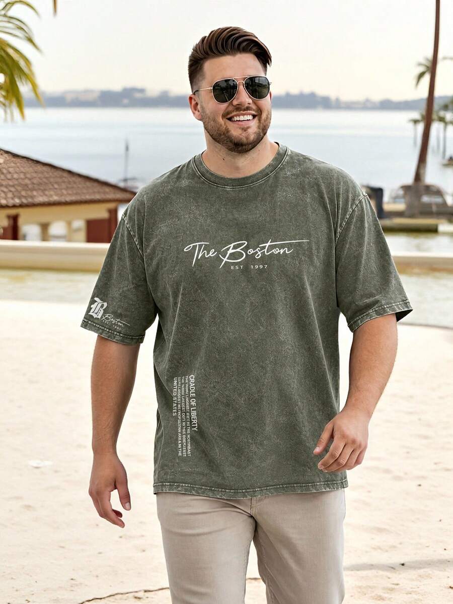 Plus Size Tall Men's Multi-Text Print Stone Washed Casual Crew Neck T-Shirt - Green - View 1